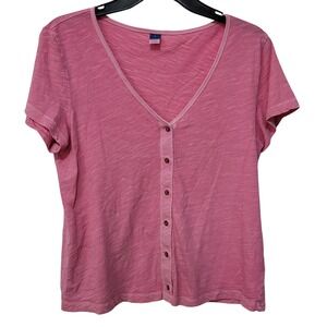 Old Navy Button Front V-Neck Top Womens Small Pink Slub Knit Short Sleeve Tee